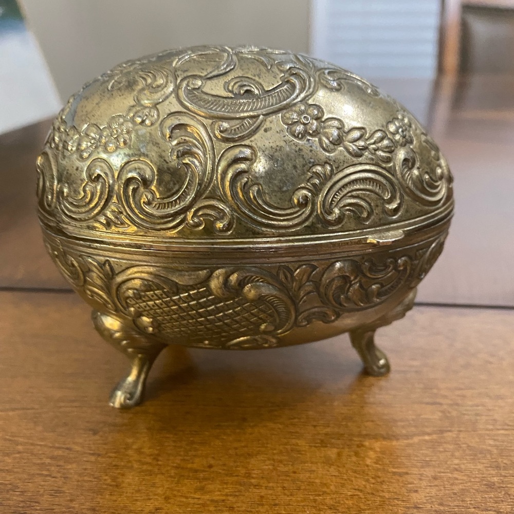 Vintage Brass Egg Trinket Box Red Velvet Lined.
